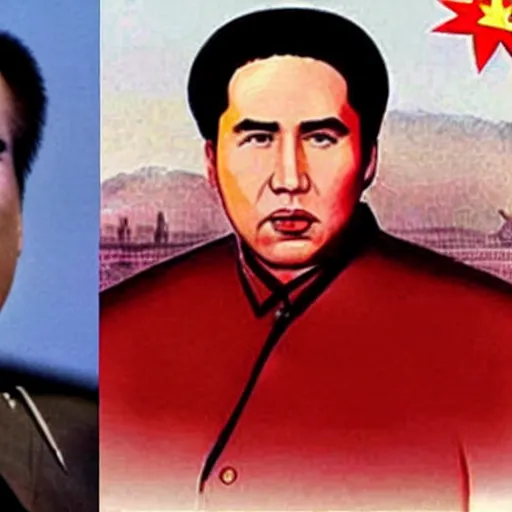 Prompt: Nicholas Cage as Mao Zedong, leader of China. He is dressed with a Superman suit, and is in a conference with Soviet Leaders in Siberia.
