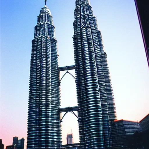 Prompt: the petronas towers shaped like elac debut floor standing speakers, ultra realistic, kodachrome 6 4, golden hour image