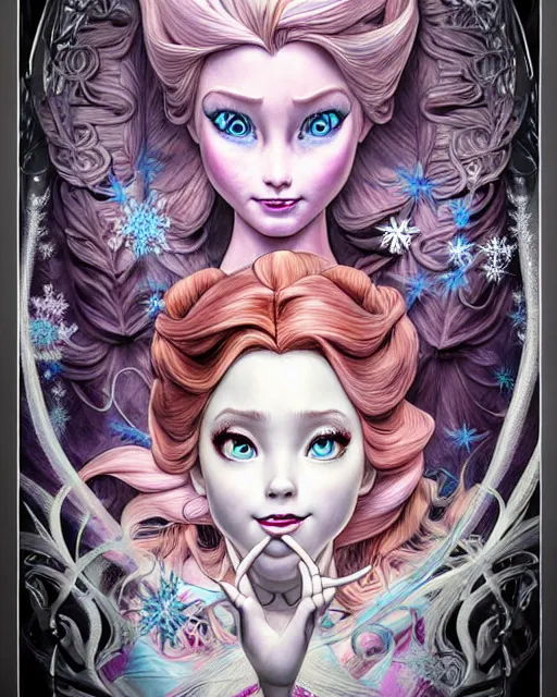 Prompt: ' princess elsa, insanity, demented, morbid, surreal ', beautiful shadowing, 3 d shadowing, reflective surfaces, illustrated completely, 8 k beautifully detailed pencil illustration, extremely hyper - detailed pencil illustration, intricate, epic composition, masterpiece, bold conflicting colors. stunning masterfully illustrated by artgerm, range murata, alphonse mucha, katsuhiro otomo.