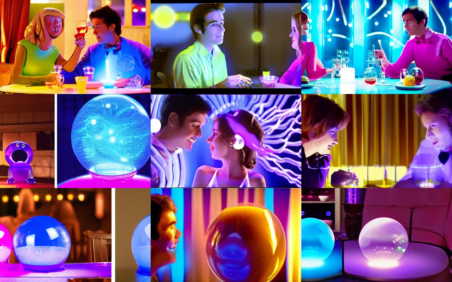 Prompt: still frame from a live - action romantic comedy showing two anthropomorphic glass ball plasma lamps, both full of glowing blue and purple plasma filaments, having an awkward dinner date