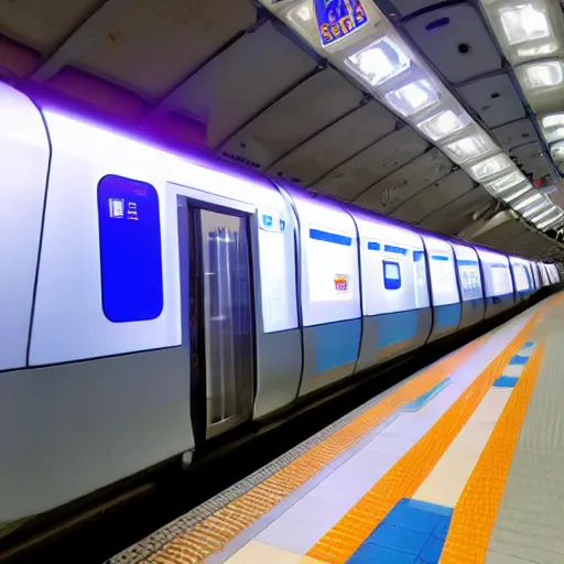 Prompt: a blue hexagonal metro train with blue neon light rails