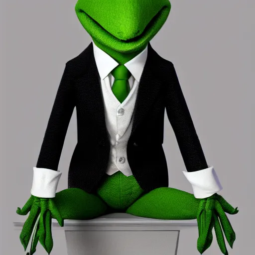 Image similar to photo of kermit the frog dressed up as a butler, dslr, photorealistic, artstation