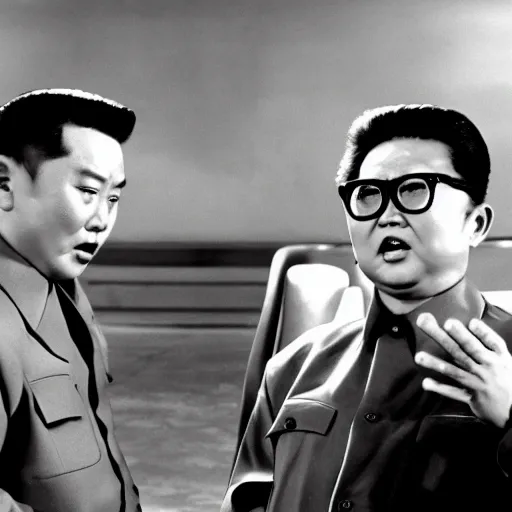 Prompt: a filmstill of Kim Jong-il in Godzilla (1954) by Ishirō Honda