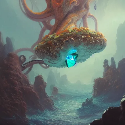 Image similar to A surreal and ethereal underwater landscape with a giant octopus, sci fi, trending on artstation, highly detailed, by Mandy Jurgens and Dang My Linh