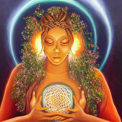 Prompt: an incredible painting of the goddess of healing and nature , she’s holding the glowing flower of life , oil painting , incredibly detailed