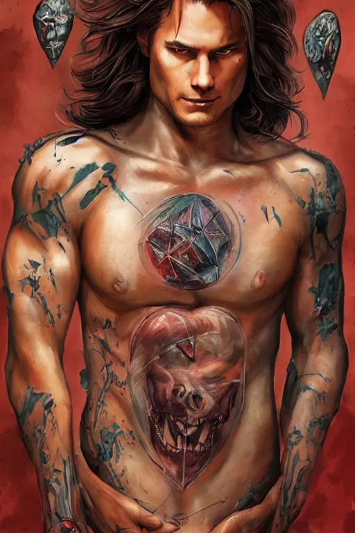 Image similar to romance book illustration style, front portrait of attractive sam winchester as an ann rice vampire, clothes torn apart, muscular chest tattooed with runes and symbols, d & d!, fantasy style, sharp focus!, ultra detailed, art by artgerm and peter andrew jones, wlop