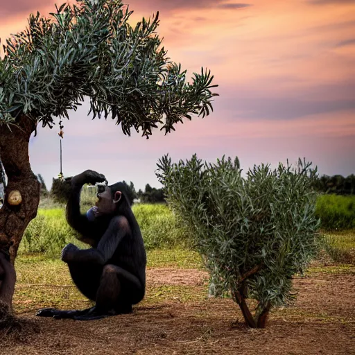 Image similar to a chimpanzee dressed in a chemical protection suit is injecting a olive tree with blue liquid, syringes, toxic, monkey face, scientific field trial, in puglia italy, sunset, beautiful lighting, chemical equipment, photograph, canon eos, f 8, iso 4 0 0, photography