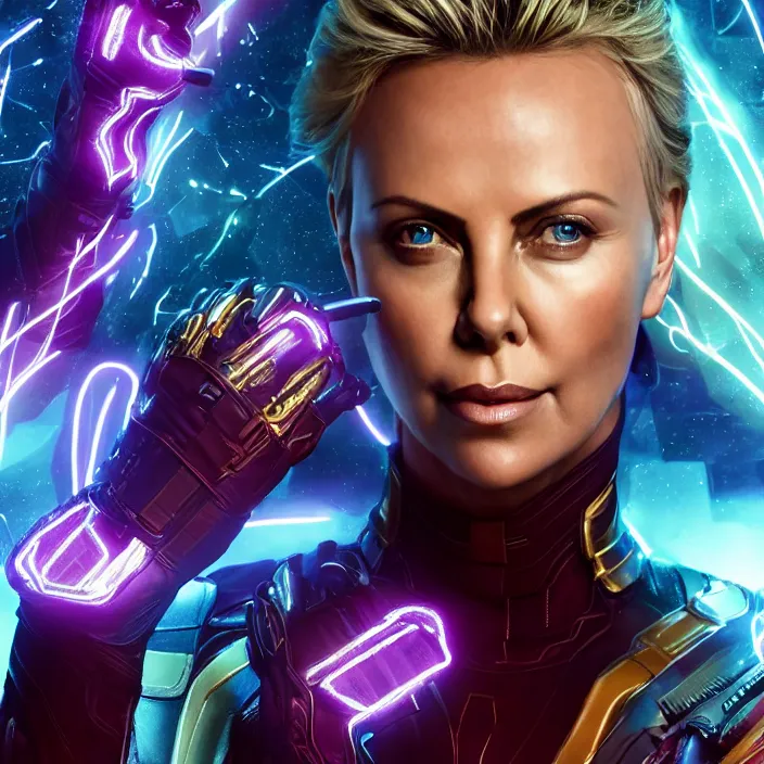 Image similar to portrait of (Charlize Theron), wearing The Infinity Gauntlet. intricate artwork. octane render, trending on artstation, very coherent symmetrical artwork. avengers. thanos. cinematic, hyper realism, high detail, octane render, 8k, iridescent accents