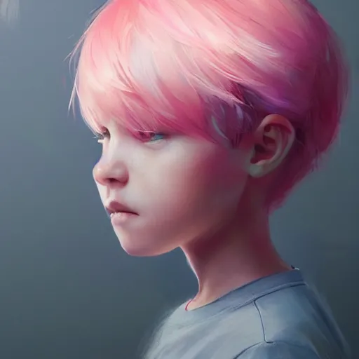 Image similar to young boy, pink hair, modern clothes, gorgeous, amazing, feminine, elegant, intricate, highly detailed, digital painting, artstation, concept art, sharp focus, illustration, art by WLOP and greg rutkowski