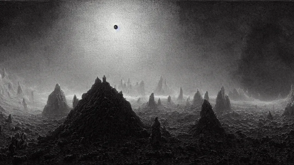 Image similar to deep rich colors, the survivors lay quietly in that cratered void and watched the whitehot stars go rifling down the dark, blood meridian, under a pale dead moon, pale sands, etching by gustave dore, matte painting, 8 k resolution artwork, folk horror, dramatic eerie lighting, trending on artstation, painting, elaborate excellent painted illustration, smooth, autochrome