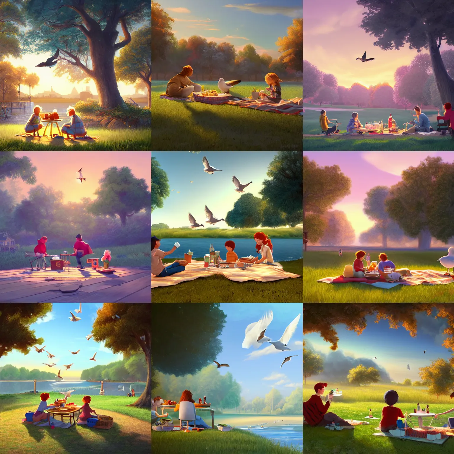 Prompt: cottagecore illustration of seagulls having a picnic in the park eating ice cream on a piece full morning, Pixar and Disney animation, sharp, rendered in Unreal Engine 5, anime key art by Greg Rutkowski, Bloom, dramatic lighting, sunrise