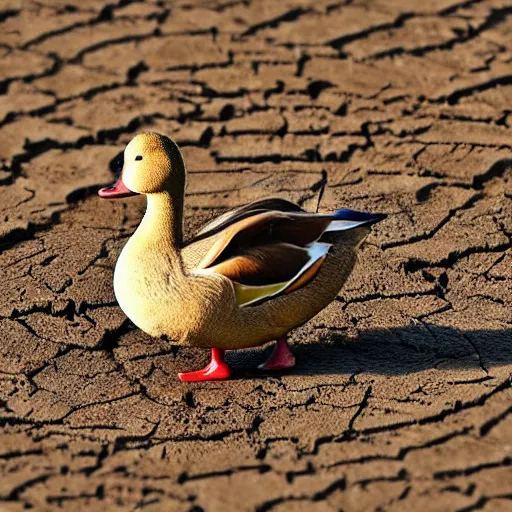 Image similar to dry mud. with duck. realistic photo. masterpiece. dirt.