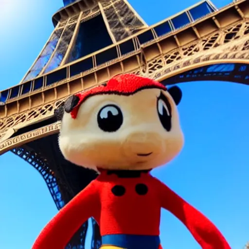 Image similar to Superhero Ladybug from Disney posing in front of the Eiffel tower in front of a blue sky on a sunny day, dynamic camera angle