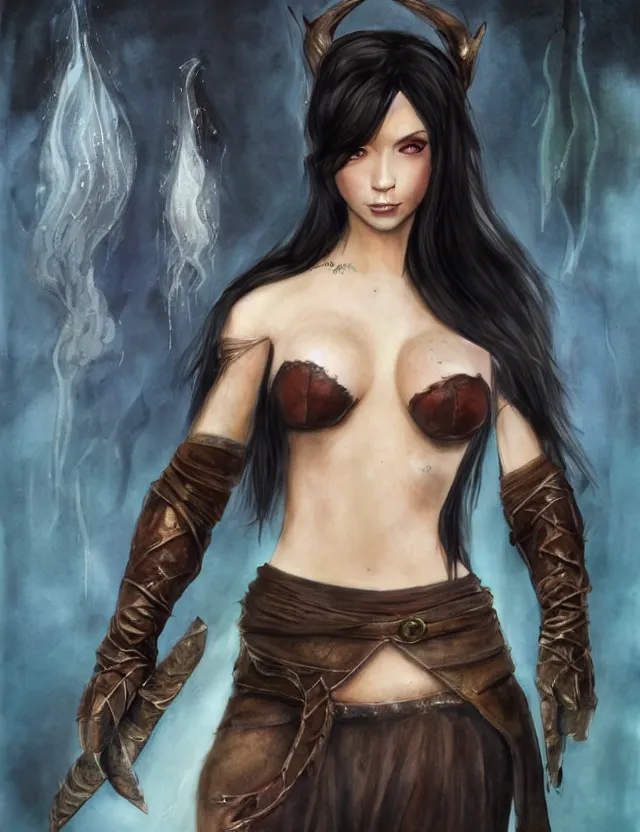 Prompt: body shot of a beautiful young sorceress from skyrim, beautiful eyes, long black hair, aquarelle, realistic painting, freckles, realistic proportions, wearing leather gloves