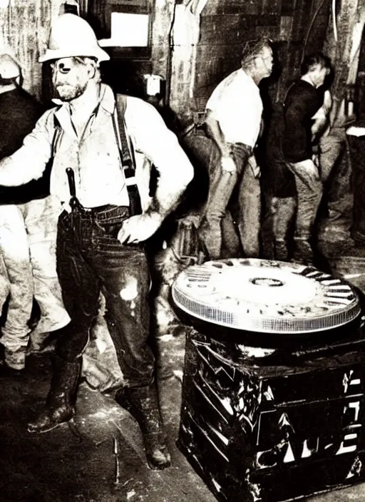 Prompt: old photo of a coal miner as a dj on a disco floor