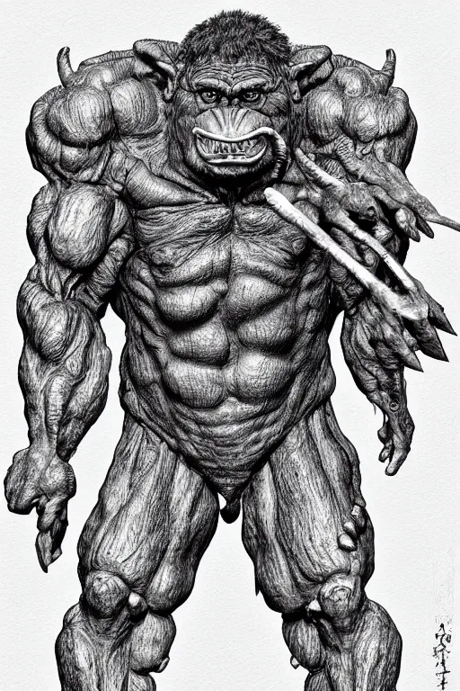 Image similar to humanoid hunched figure troll with 1 horn, ogre, ape, highly detailed, digital art, sharp focus, trending on art station, kentaro miura manga art style