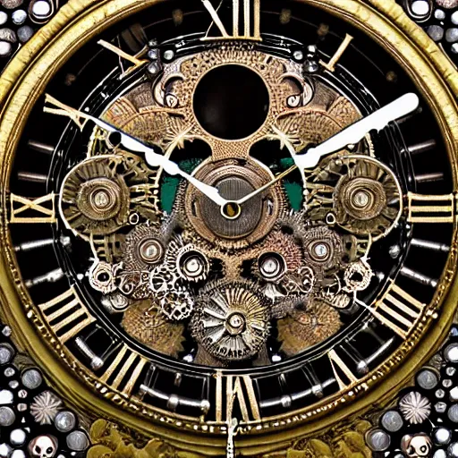 Prompt: a close up of a clock with many gears, a flemish baroque by takashi murakami, behance, kinetic art, steampunk, skeuomorphic, made of liquid metal a microscopic photo by ernst haeckel, zbrush central, kinetic pointillism, intricate patterns, photoillustration