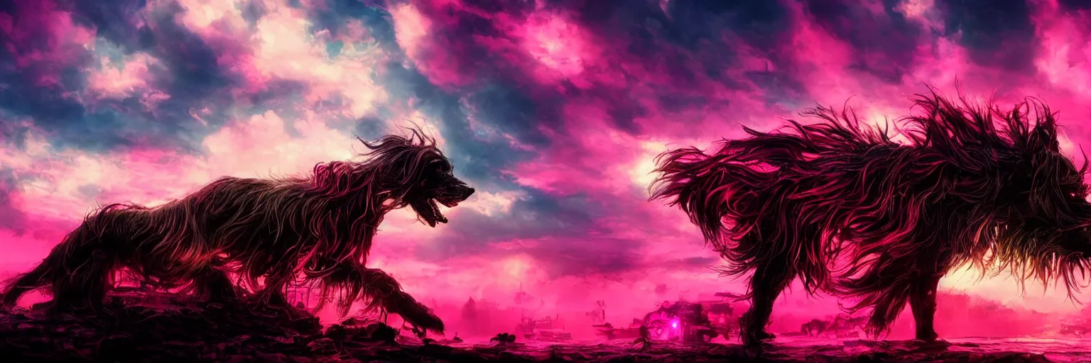 Image similar to hyperdetailed illustration, portrait big dark dog, mohawk, stars, pink, neon, oil painting, rich deep colors masterpiece, pirate neon ship, ultra detailed, contrast, heaven pink, clouds, volumetric light, atmospheric lighting, dramatic, cinematic, moody, octane render 4 k, 8 k