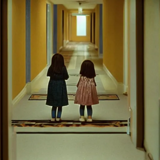 Image similar to two little girls staring at you from the hotel hallway, from the movie the shining