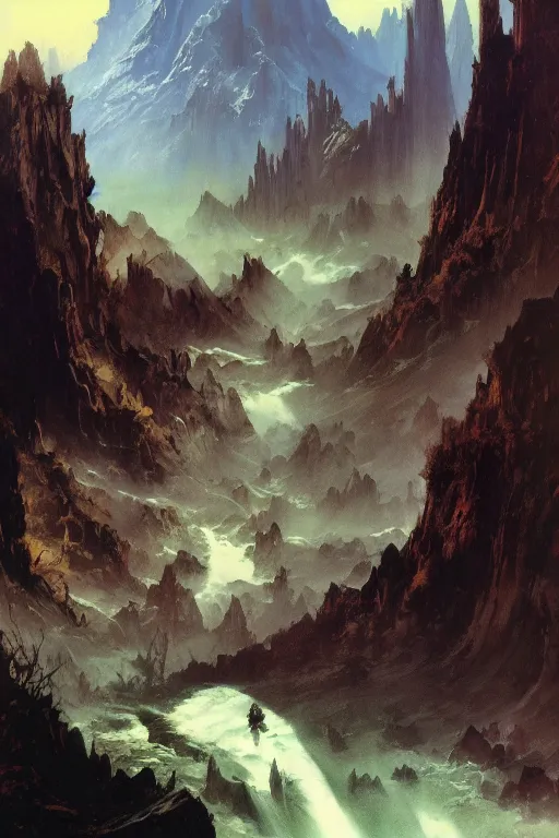 Prompt: beautiful fantasy landscape by frank frazetta, trending on artstation