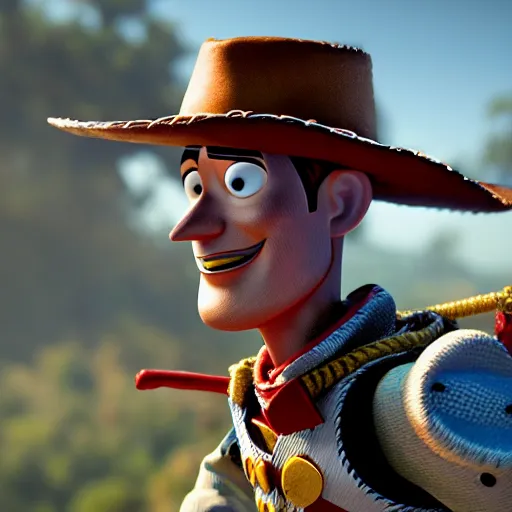 Image similar to woody from toy story as the witcher, 4 k, epic, cinematic, focus, movie still, fantasy, serious, extreme detail, atmospheric, dark colour