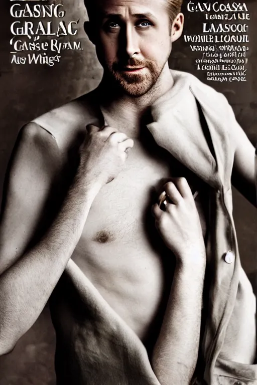 Prompt: ryan gosling fused with a white goose, wings, humanoid, hands, natural light, bloom, detailed face, magazine, press, photo, steve mccurry, david lazar, canon, nikon, focus