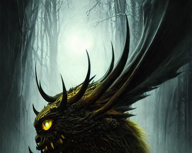 Prompt: ! dream epic masterpiece of cinematographic hyperrealism where a two large yellow eyes peer from the darkness, horror, ominous, beast, horror movie deep focus, d & d, fantasy, intricate, elegant, highly detailed, digital painting, artstation, concept art, matte, sharp focus, illustration, hearthstone, art by artgerm and greg rutkowski and alphonse mucha