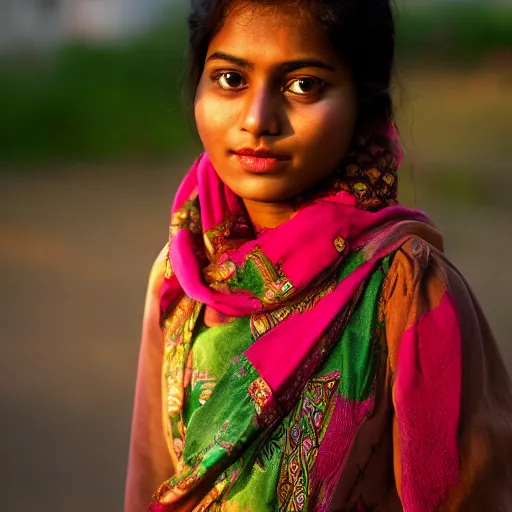 Image similar to portrait of a beautiful Bangladeshi girl at dawn, 8k, 55m lens,