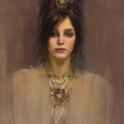 Image similar to Richard Schmid and Jeremy Lipking portrait painting of a young beautiful woman priestess in elaborate costume