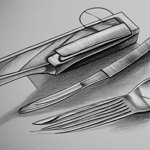 Image similar to detailed sketch, a prototype concept design of a knife and fork, commercial tv add, blade runner style,