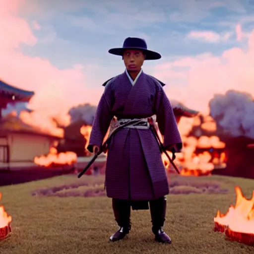 Image similar to cinematic film still Pharrell Williams starring as a Samurai holding fire, Japanese CGI, VFX, 2003, 40mm lens, shallow depth of field,film photography