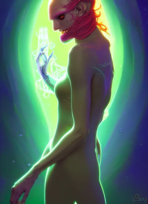 Image similar to a vampire faceless glowing liquefied stardust adventurer, dnd fantasy character, full body portrait, glowing neon skin, magical aura, ultra realistic, intricate, elegant, highly detailed, digital painting, artstation, smooth, sharp, focus, illustration, art by artgerm and greg rutkowski and alphonse mucha and dan mumford, sacred geometry