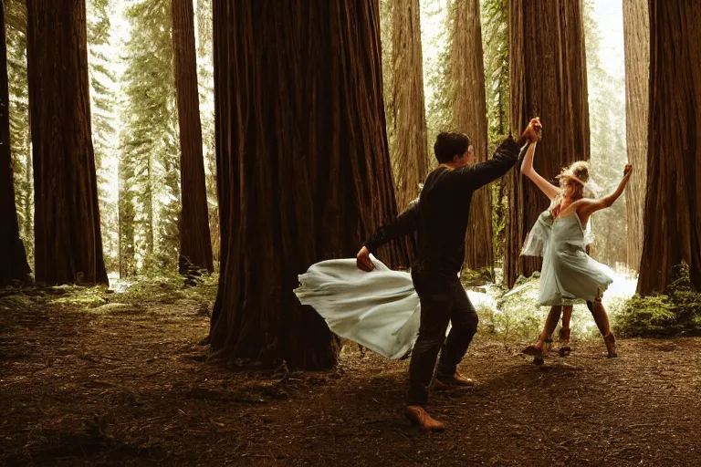 Image similar to cinematography closeup portrait of couple dancing in the redwood forest, thin flowing fabric, natural light by Emmanuel Lubezki