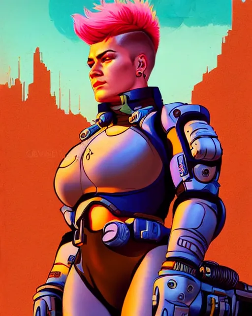 Image similar to zarya from overwatch, character portrait, portrait, close up, concept art, intricate details, highly detailed, vintage sci - fi poster, retro future, in the style of chris foss, rodger dean, moebius, michael whelan, and gustave dore