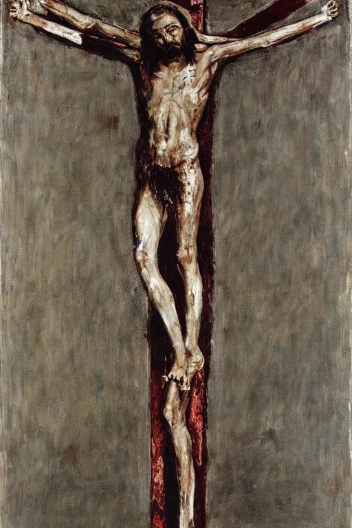 Image similar to bloody jesus christ crucified painted by cy twombly and alex katz