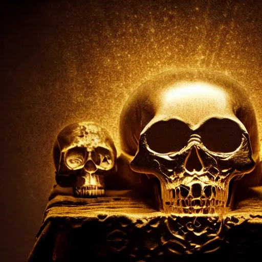 Prompt: a dark ominous chiaroscuro baroque still life photo of a ray of god light shining on a floating golden skull completely covered in ancient runic engravings inscriptions about prophecies, spells, ominous darkness background. weirdcore