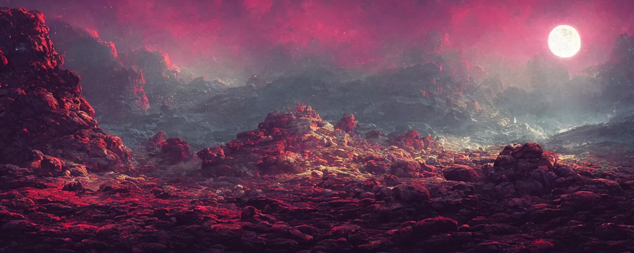 Image similar to ” rocky landscape at pitchblack moonlit night, [ cinematic, detailed, epic, widescreen, opening, establishing, mattepainting, photorealistic, realistic textures, octane render, art by wlop and paul lehr ] ”