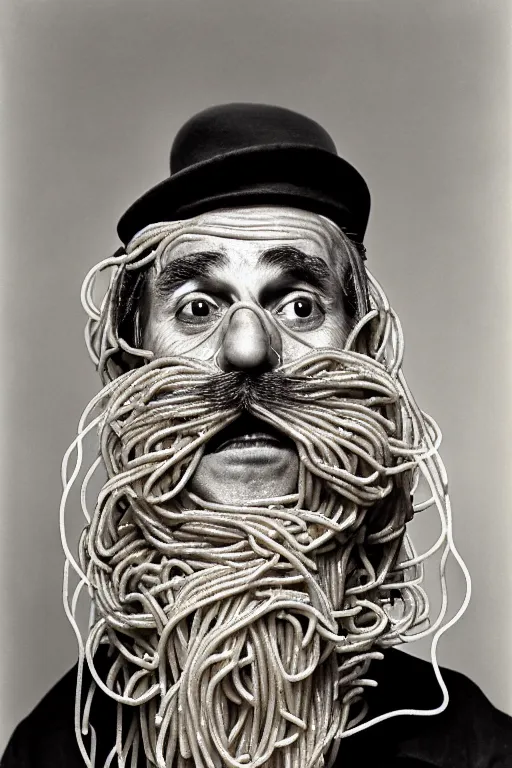 Image similar to extremely detailed portrait of old italian cook, spaghetti mustache, slurping spaghetti, spaghetti in the nostrils, spaghetti hair, spaghetti beard, huge surprised eyes, shocked expression, scarf made from spaghetti, full frame, award winning photo by george hurrell