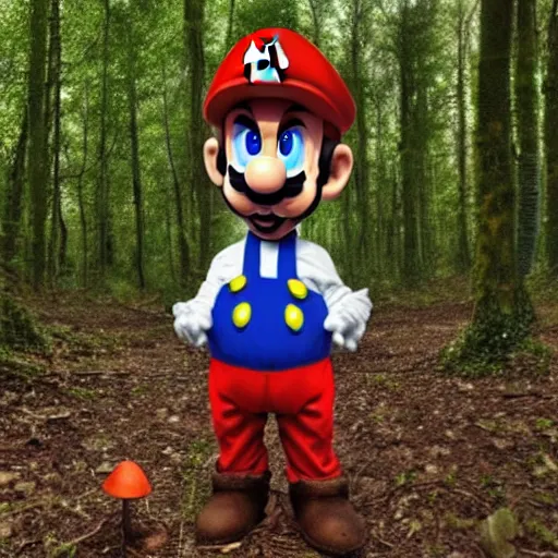 Prompt: italian man dressed as Mario crying on the floor next to a fly agaric mushroom, in a forest, trail cam