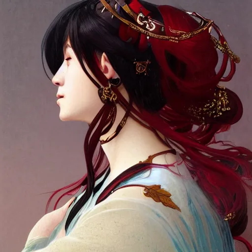 Prompt: a beautiful portrait of hatsune miku with long black and deep red colored hair dressed as a 1 st century european noblewoman, intricate, elegant, highly detailed, digital painting, artstation, concept art, matte, sharp focus, illustration, art by greg rutkowski and alphonse mucha