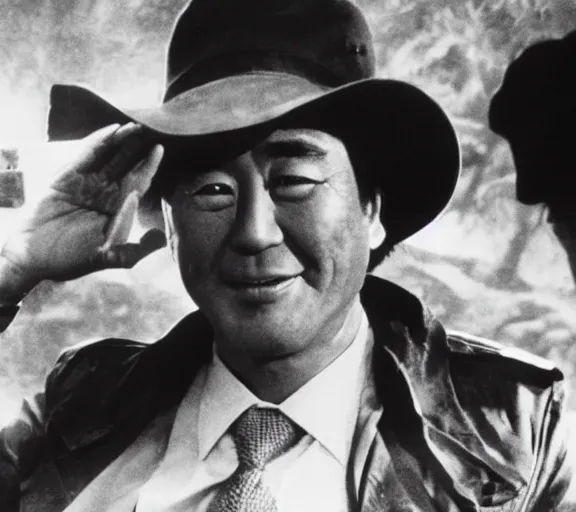 Image similar to a film still of shinzo abe in indiana jones raiders of the lost ark