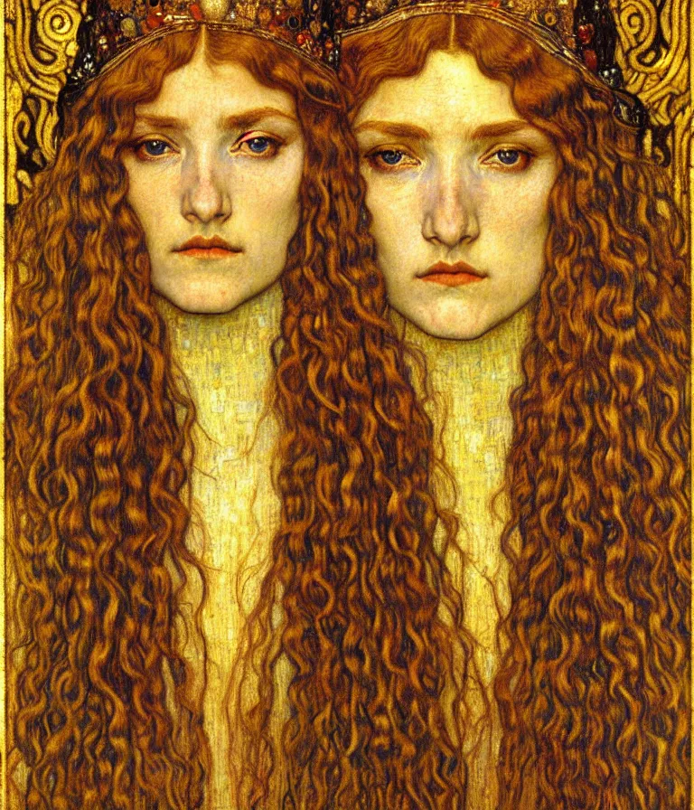 Image similar to detailed realistic beautiful young medieval queen face portrait by jean delville, gustav klimt and vincent van gogh, art nouveau, symbolist, visionary, gothic, pre - raphaelite, muted earthy colors, desaturated