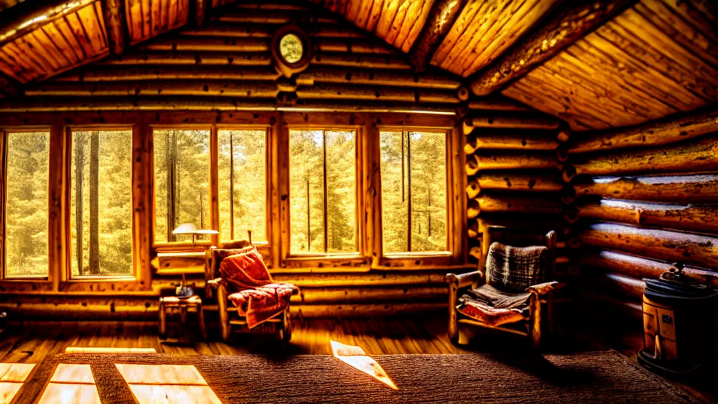 Prompt: inside an old log cabin, the summer midday light comes in through a window and dimly illuminates the room, softened diffuse light, photorealism, photo taken with canon EOS 5D and 35 mm lens
