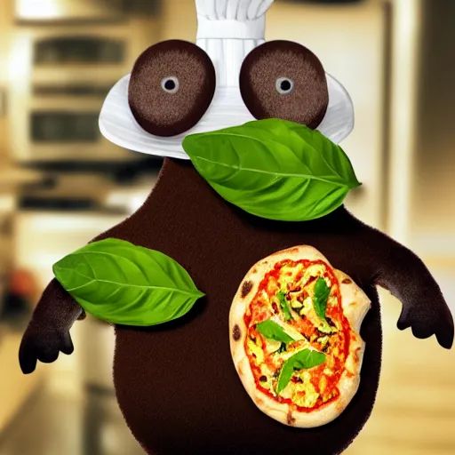 Prompt: cute platypus wearing a chef hat and holding a pizza with three basil leaves over the lasagna