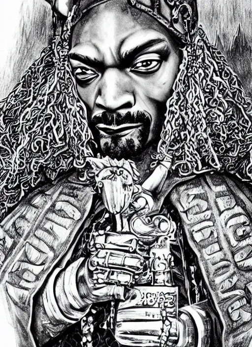 Image similar to Snoop Dogg as a knight, highly detailed, black and white, manga, art by Kentaro Miura