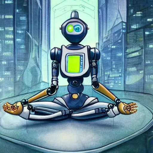 Image similar to a robot doing yoga in a future city, highly detailed, fantasy art