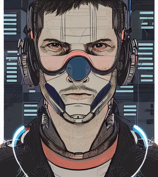 Image similar to a cyberpunk man with multiple digital patchwork faces, techwear, Industrial Scifi, detailed illustration, character portrait, by Martin Grip and Moebius