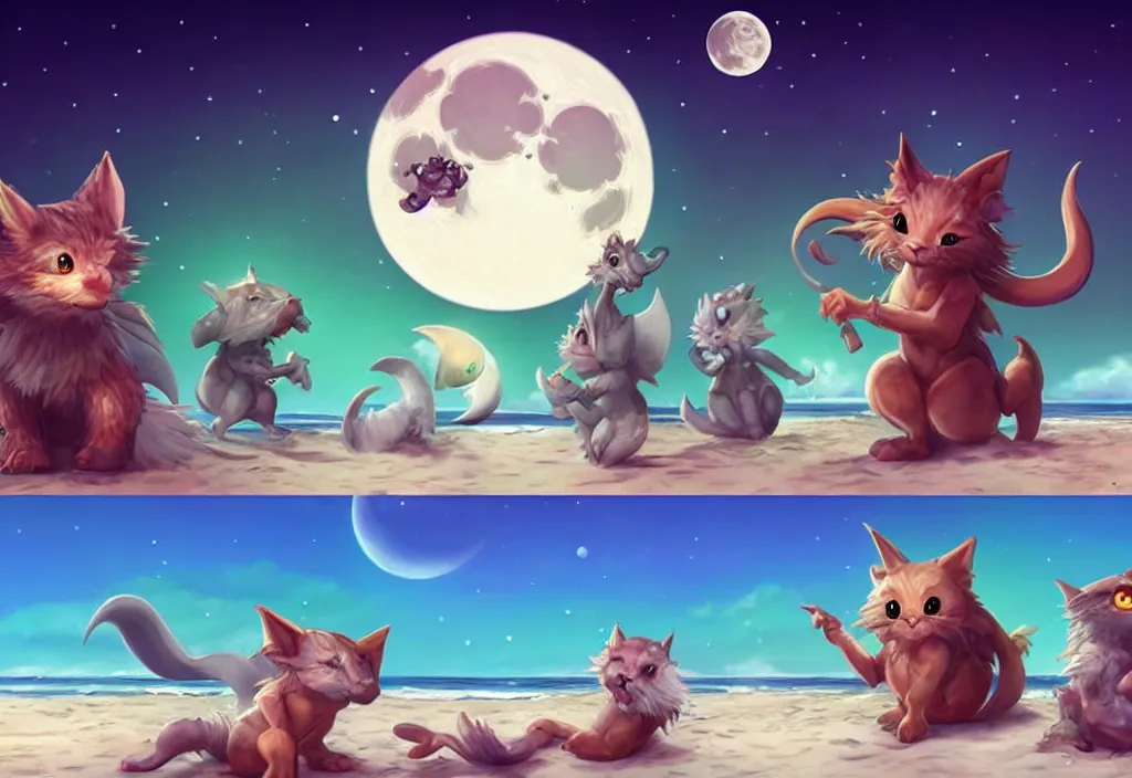 Image similar to cute fantasy critters at a beach looking at the moon, ultra realistic, concept art, highly detailed