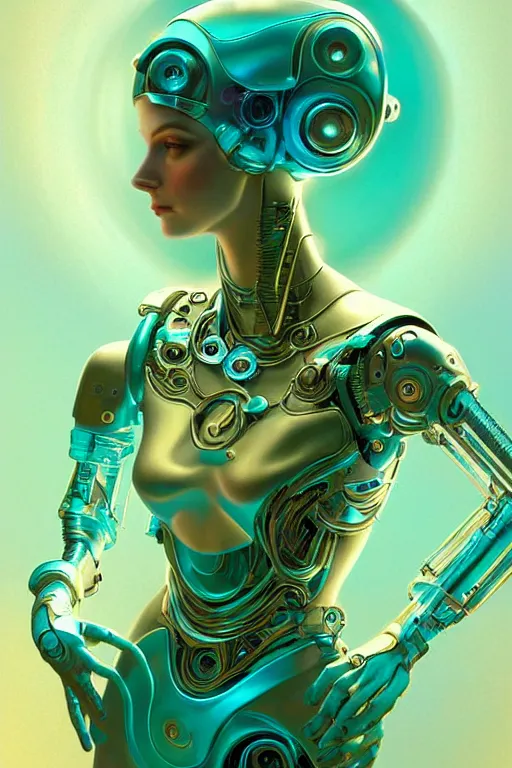 Prompt: portrait of cyborg woman, scifi robot, gradient green cyan, dreamy and ethereal, blue eyes, golden ratio, peaceful expression, ornate frilly dress, fantasy, intricate, elegant, dune, highly detailed, digital painting, artstation, concept art, smooth, b sharp focus, illustration, art by artgerm and greg rutkowski and alphonse mucha