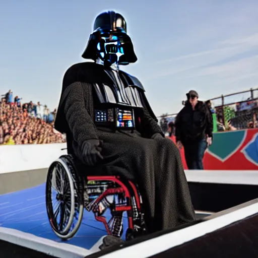 Prompt: darth vader in a wheelchair on a half pipe ramp at x - games action photo magazine